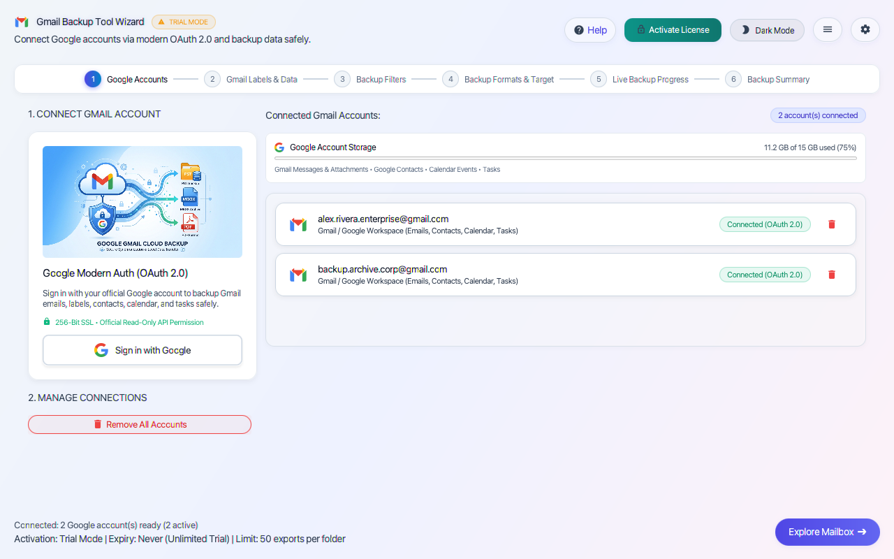 Step 01: Connect Gmail Account via Google Modern Auth (OAuth 2.0) — Gmail Backup Tool Interface Walkthrough