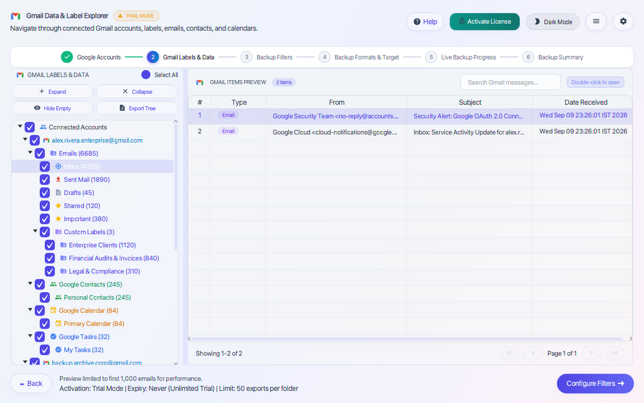 Step 02: Gmail Labels, Contacts & Calendar Explorer — Gmail Backup Tool Interface Walkthrough