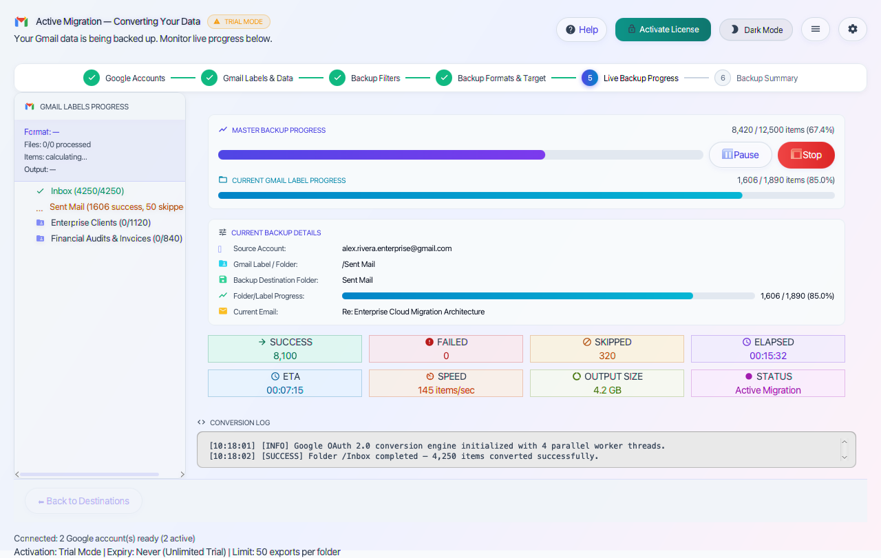 Step 05: Live Backup Progress & Real-Time Telemetry — Gmail Backup Tool Interface Walkthrough